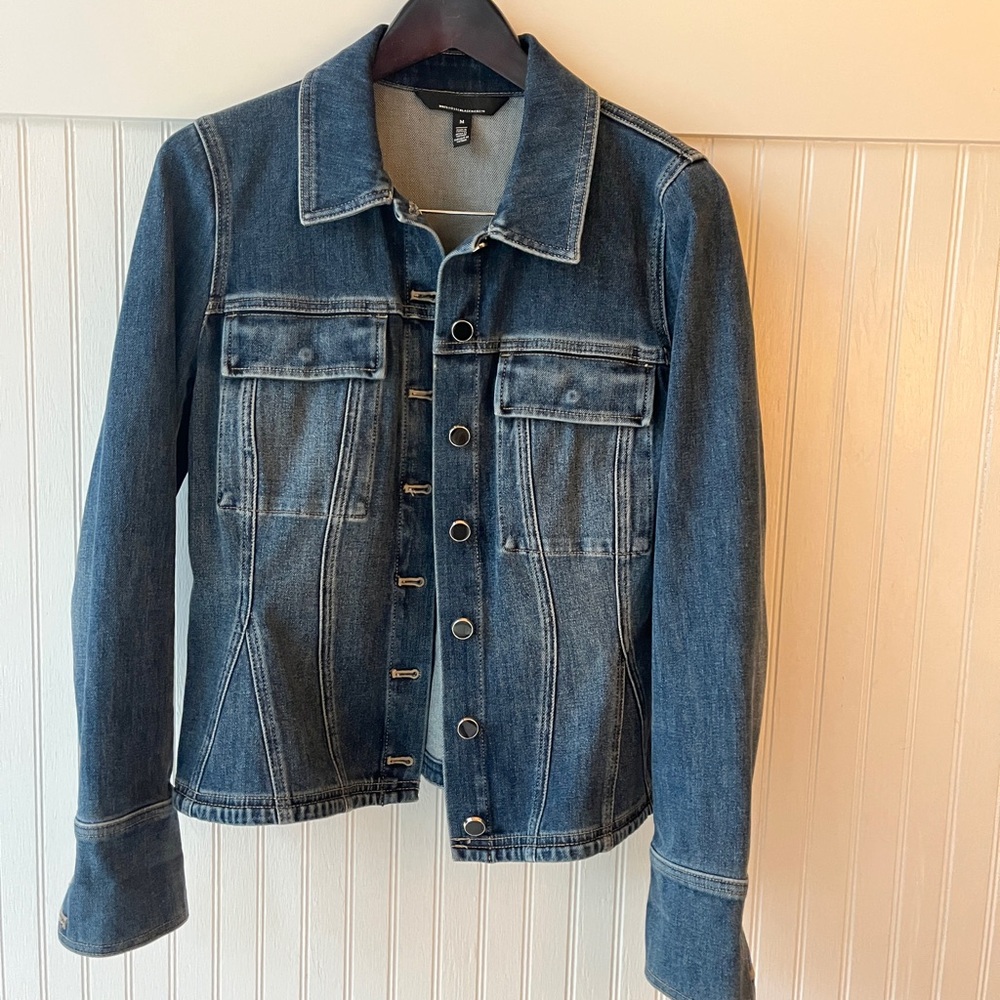 White House Black Market Dark Wash Jean Jacket Fitted with stretch but structure